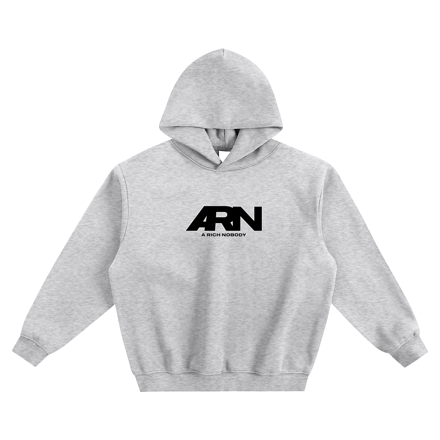 Gray hoodie with 'A Rich Nobody' logo on a white background