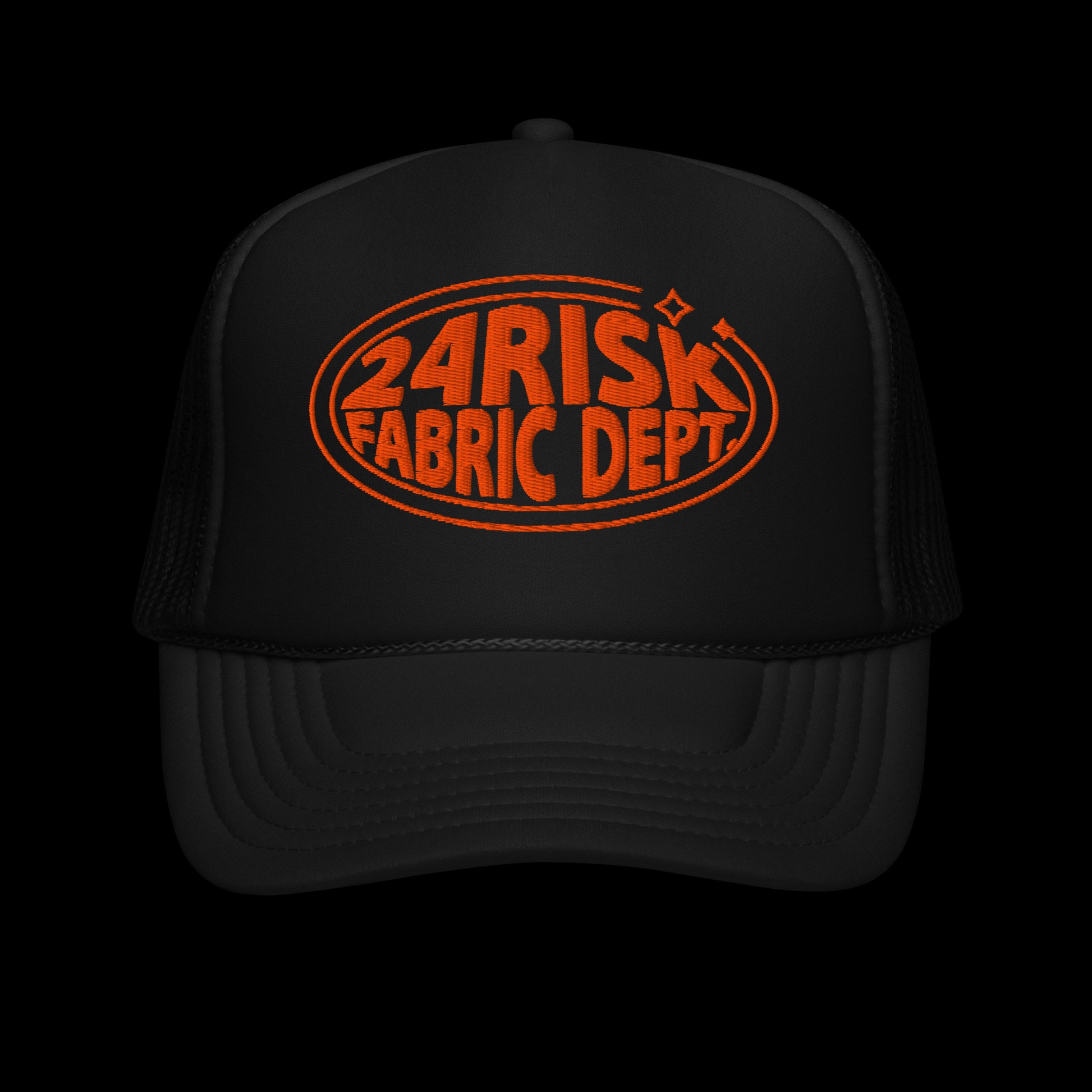 Black trucker cap with orange '24Risk Fabric Dept' logo