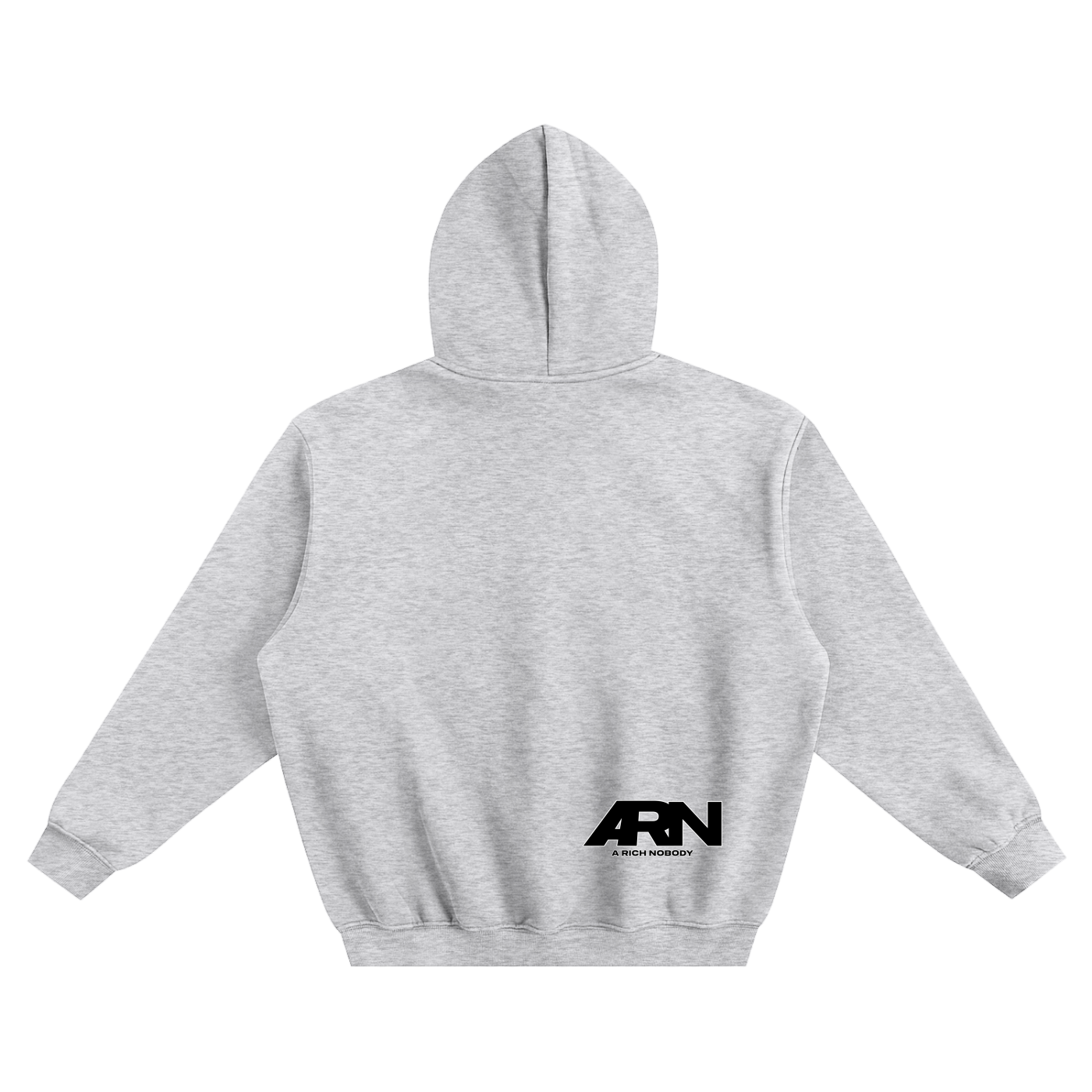 Gray hoodie with ARN logo on the back against a white background